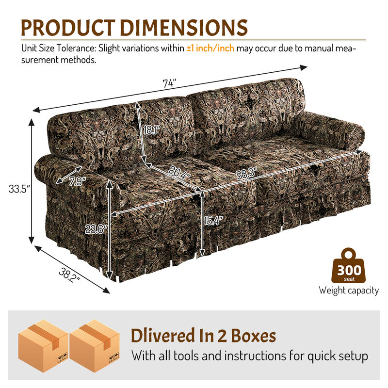 Whisen Mid-Century Sofa, Oxford Fabric Cloud Couch with Elegant Rolled Arms and Pleated Skirt Design