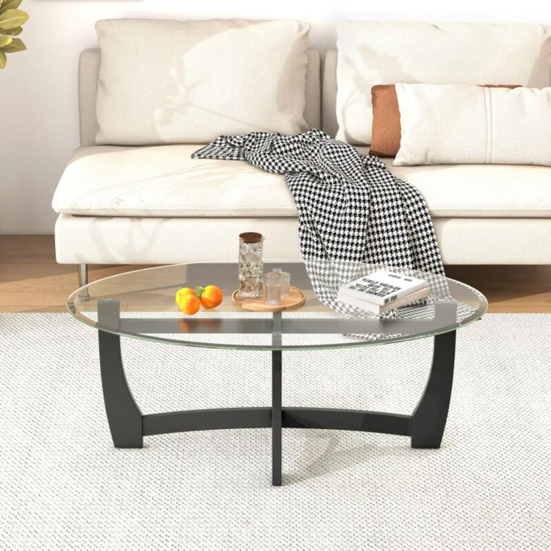 Hivvago Oval Coffee Table with Tempered Glass Tabletop and Rubber Wood Legs