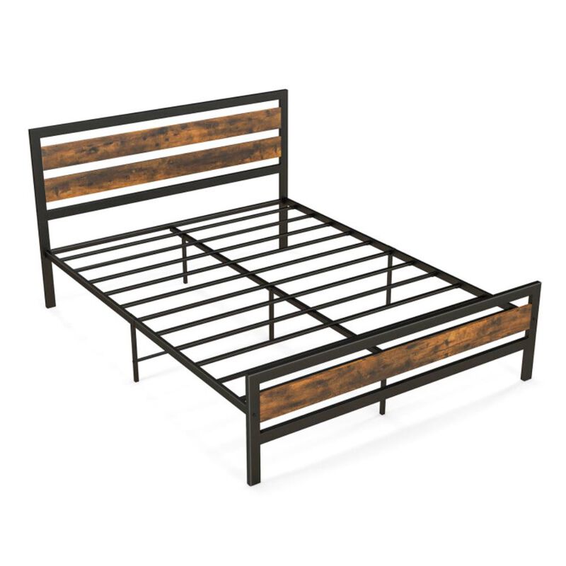 Hivvago Queen Industrial Bed Frame with Rustic Headboard and Footboard