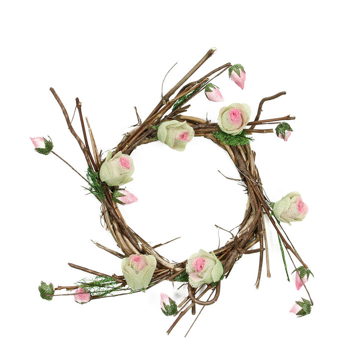 Rose Twig Artificial Floral Wreath  Brown and Pink 11-Inch