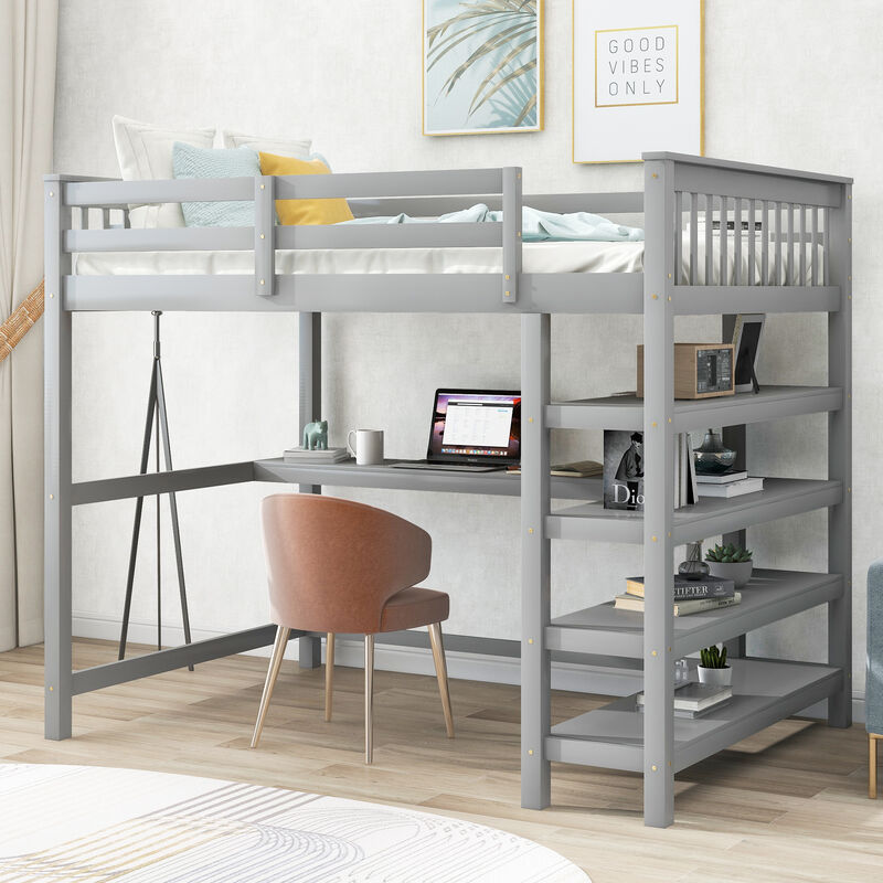 Merax Full Size Loft Bed with Storage Shelves and Under-bed Desk