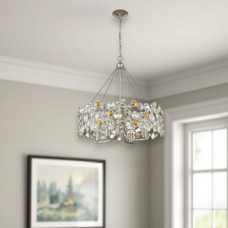 Hivvago Silver Shaded Four Light Metal and Crystals Dimmable Chandelier With Silver Shades