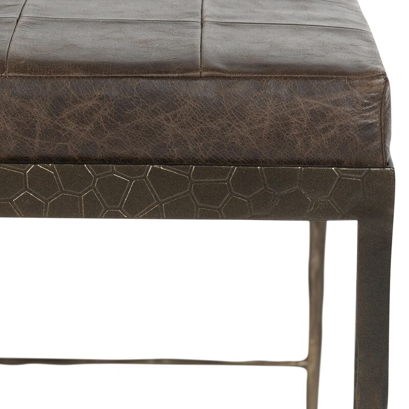 Jora Ottoman Bench, Patchwork Cocoa Brown Leather, Bronze Iron 28 Inch - Benzara