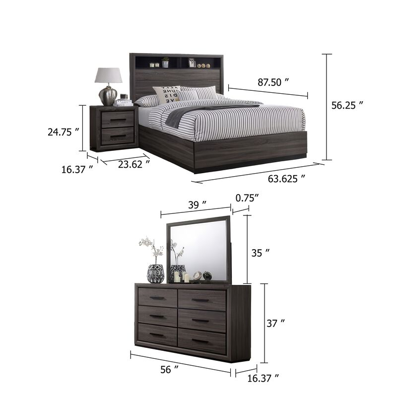Kalie 5pc Queen Bedroom Set with Bookcase Headboard, 2 Nightstands, Gray image number 5