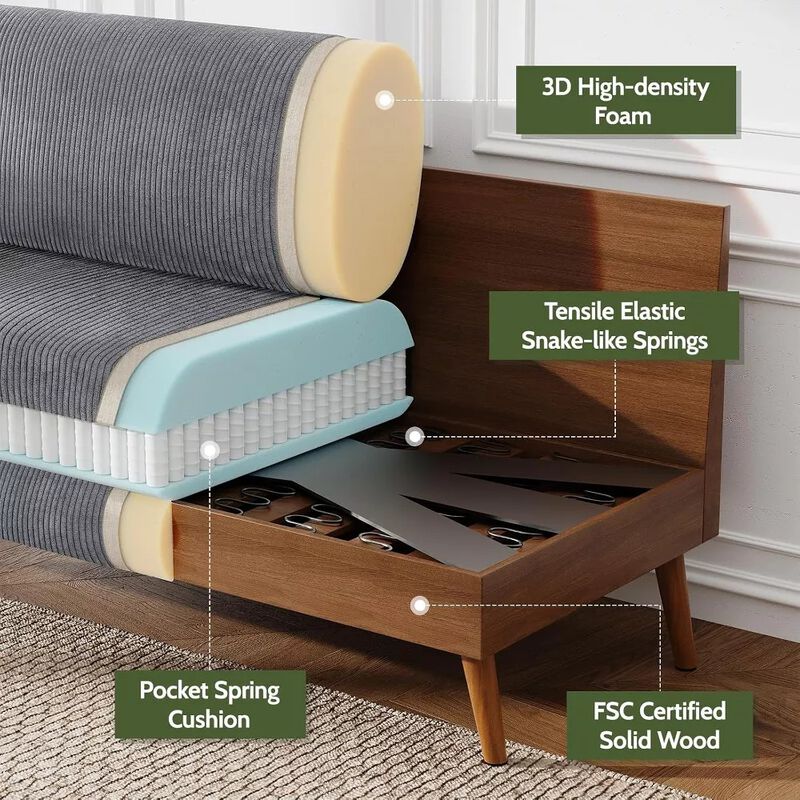 68" Mid-Century Loveseat Comfy Sofa Couch with Spring Cushion, Solid Wood Frame, Tool-Free Assembly image number 2