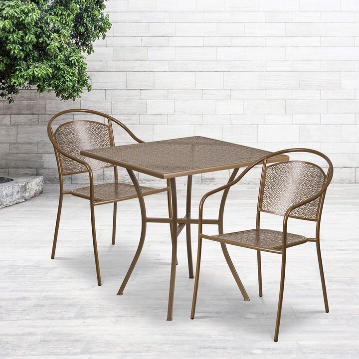 Flash Furniture Commercial Grade 28" Square Gold Indoor-Outdoor Steel Patio Table Set with 2 Round Back Chairs