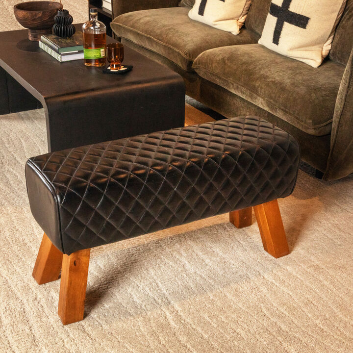 Stitched Leather and Wood Bench, Camel and Natural
