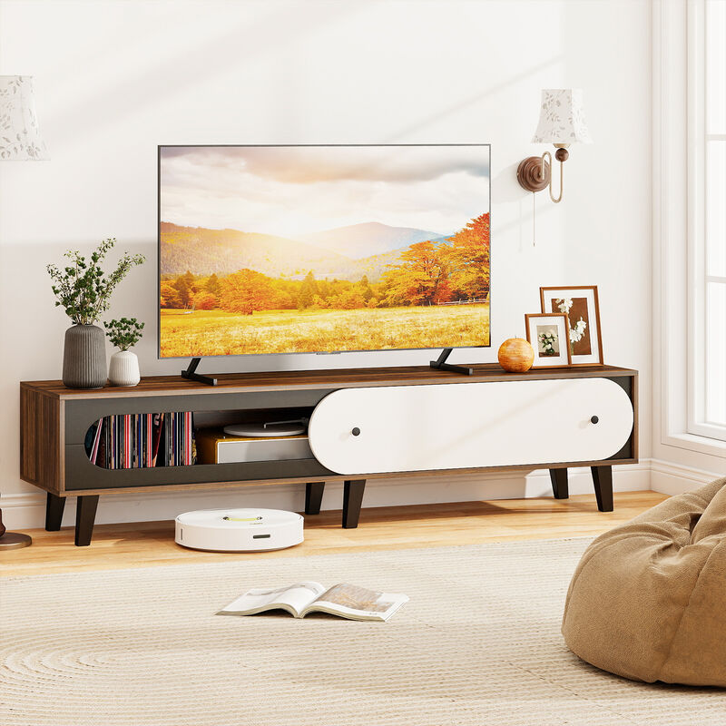 Mid-Century Modern Entertainment Center TV Stand with Sliding Door Cabinet-Walnut image number 1