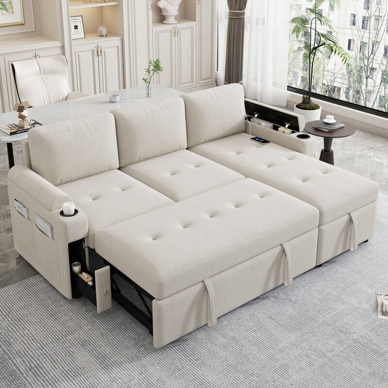 Frakip L‑Shaped Chenille Pull‑Out Sleeper Sectional Sofa image number 2