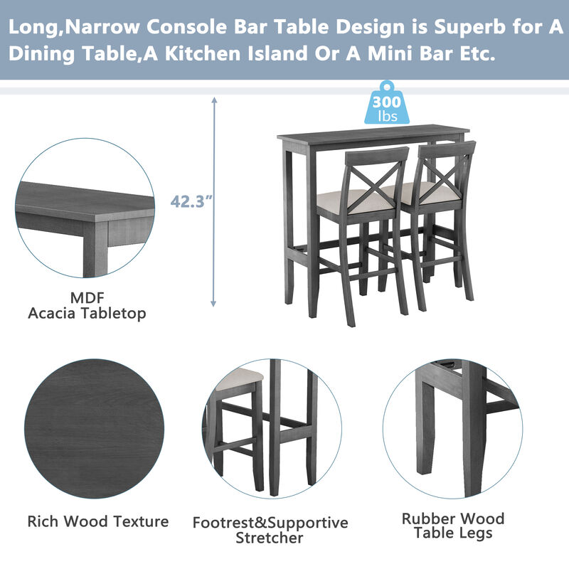 Merax Rectangular Wood Bar Height Dining Set Kitchen Breakfast Nook with 2 Chairs for Small Places