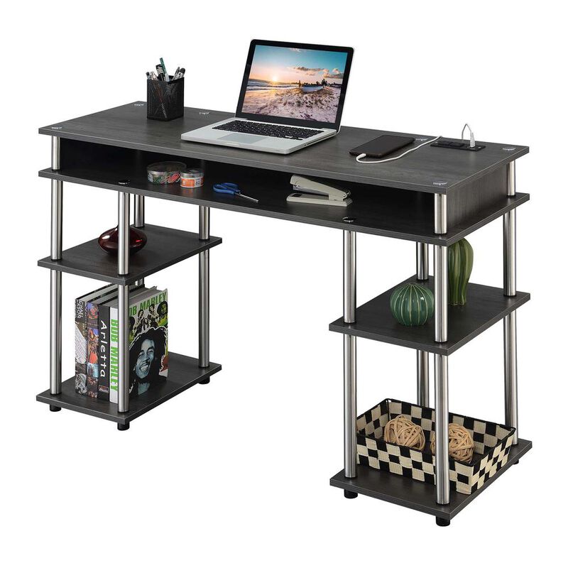 Convenience Concepts Designs2Go No Tools Student Desk with Charging Station, Charcoal Gray
