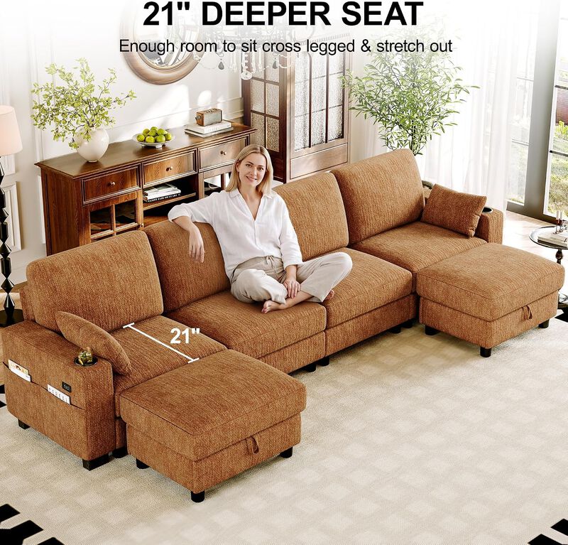 Vipbear 128" Modular Sectional Sofa, Chenille U Shaped Cloud Couch with Ottoman Adjustable Backrest image number 5