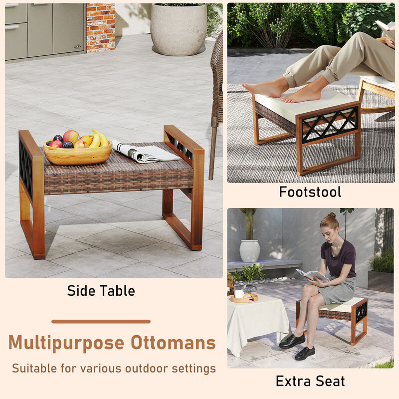 Set of 2 PE Rattan Wicker Ottomans with Soft, Removable Cushions-Beige image number 4