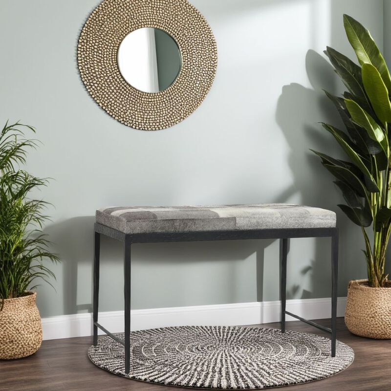 Leif Ottoman Bench with Gray Patchwork Leather Hide, Iron 28 Inch image number 1