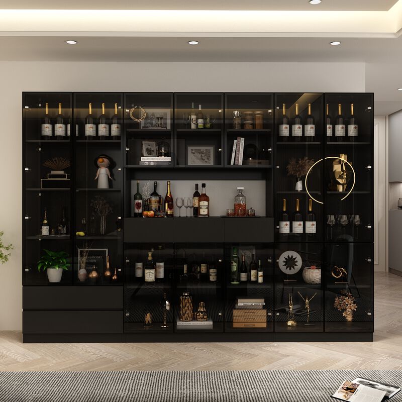 FUFU&GAGA Black Wine Cabinet with LED Lighting, Glass Doors, and Adjustable Shelves – Modern Farmhouse Style Display Storage,(110.2" L x 14.2" W x 78.7" H),Black