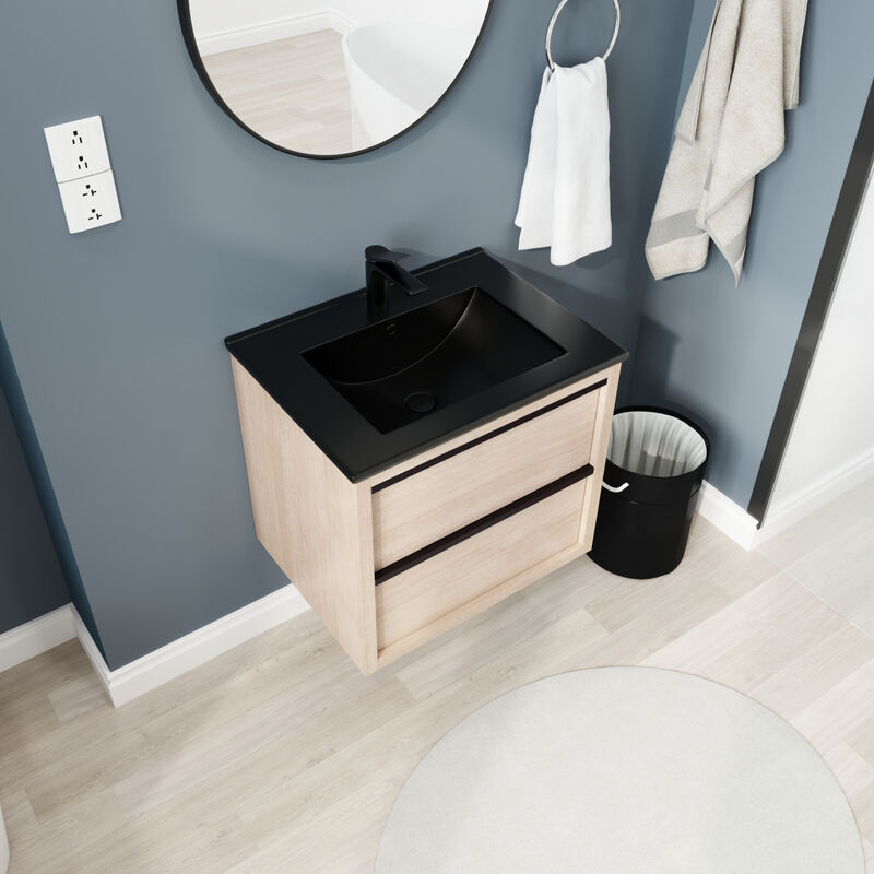 24" Bathroom Vanity, With Black Ceramic Sink And 2 Soft Close Drawers(BVA02524PLO-G-BL9060BK)W1286S