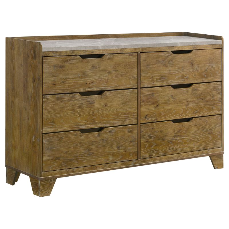 Nolan Wide Dresser with Faux Marble Top, 6 Drawers, Brown Wood image number 2