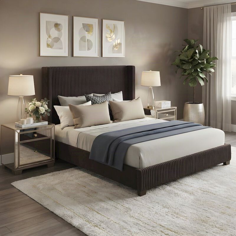 FurniFact Upholstered King Platform Bed Frame and Headboard, Rubberwood image number 3