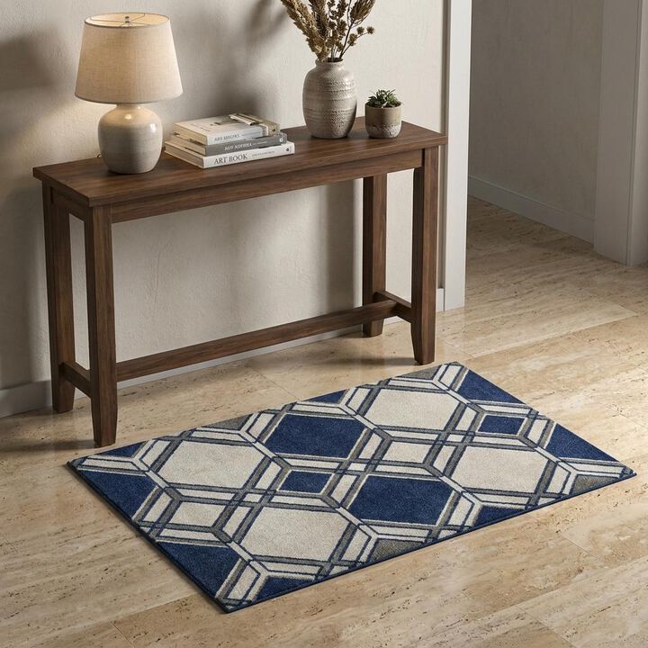 HomeRoots 3' X 5' Blue Ivory And Gray Geometric Area Rug