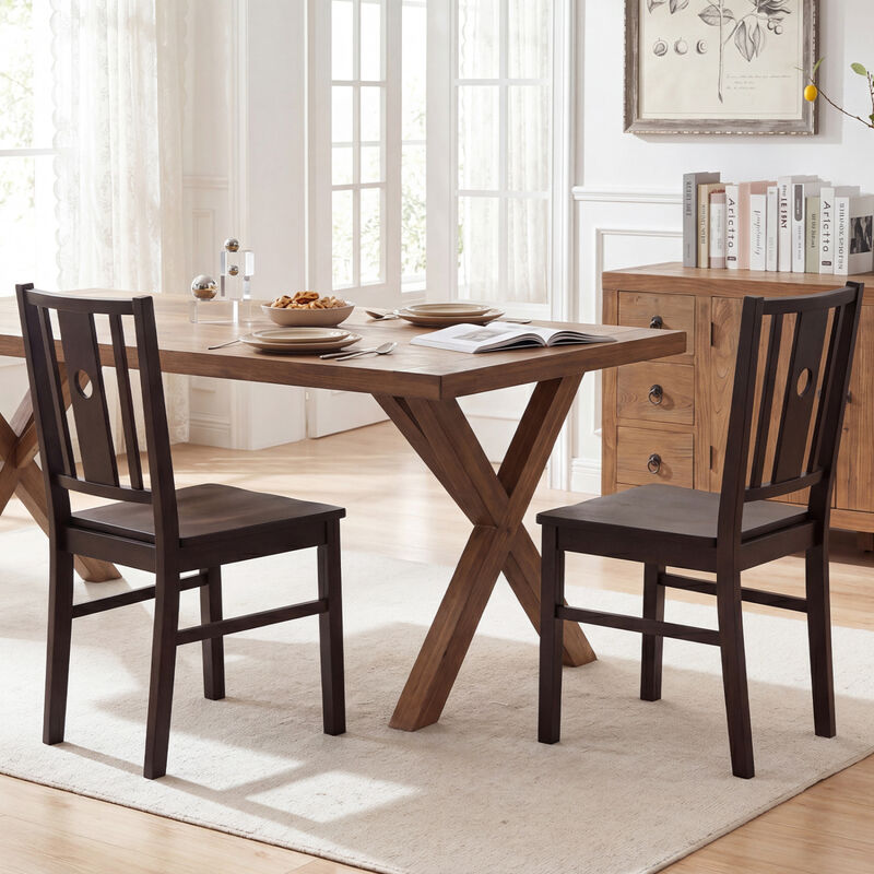 Solid Rubber Wood Kitchen Dining Chairs Set of 2 with Slatted Curved Back Design-Coffee image number 3