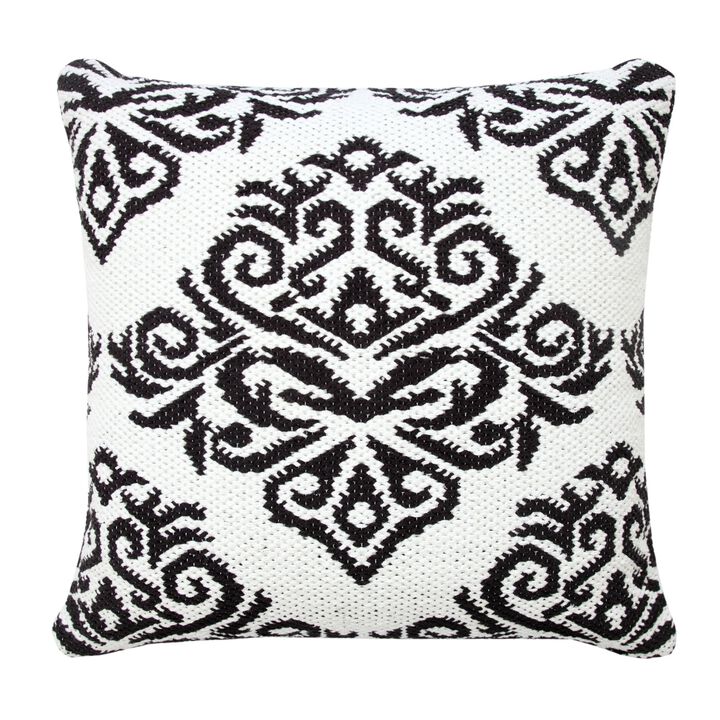 20" Black and White Damask Pattern Square Throw Pillow