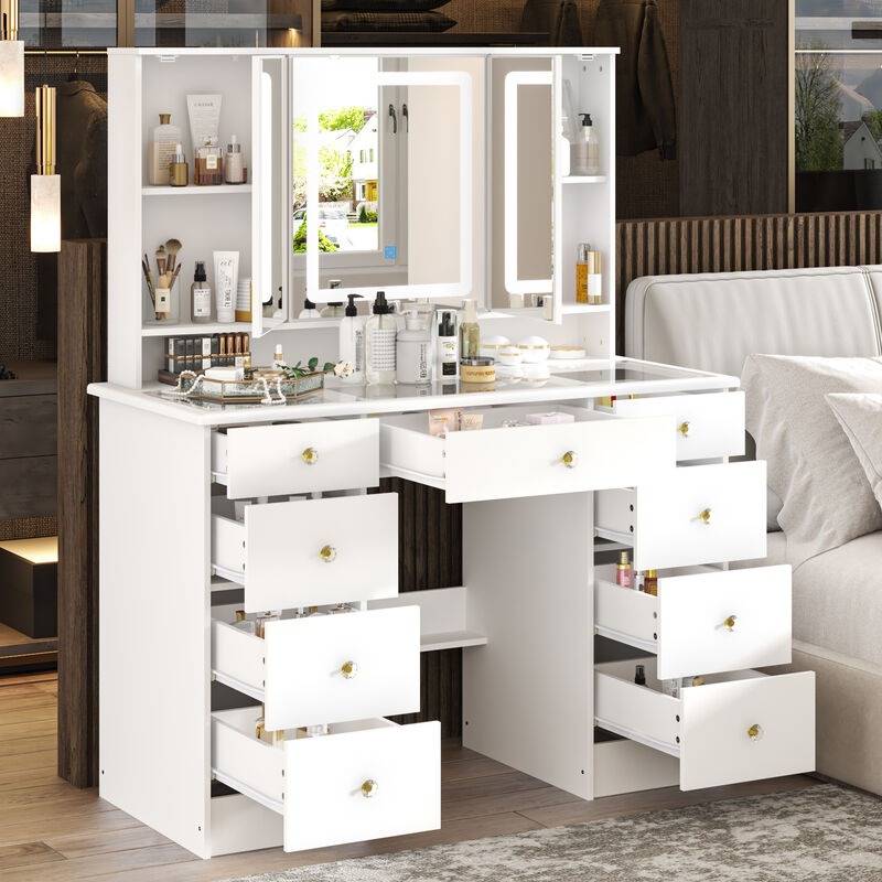 FUFU&GAGA White Wood Makeup Vanity Desk with 9 Drawers, Glass Top, LED Lighted Tri-Fold Mirror & Hidden Storage Shelves (43.3 in. W x 53.9 in. H x 19.7 in. D), White
