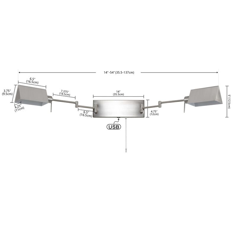 Arlo 54" 2-Light Farmhouse Industrial Double Swing Arm Iron LED Wall Sconce with Pull-Chain USB Charging Port
