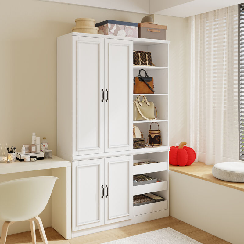FUFU&GAGA White Lacquered Storage Cabinet with Adjustable Shelves, Open Compartments & Drawers (47.2 in. W x 16.5 D x 78.7 H)