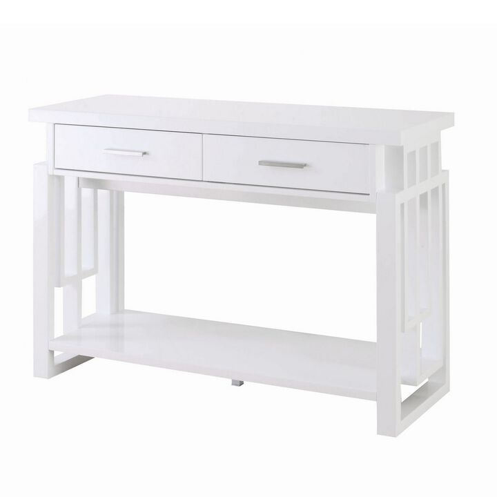 Contemporary Wooden Sofa Table With Designer Sides & Shelf, Glossy White-Benzara