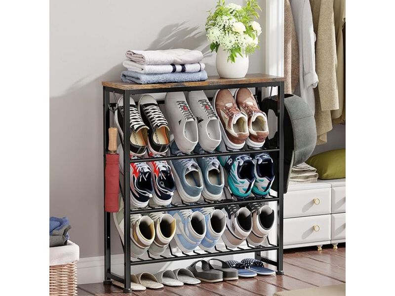 Slim Entryway Metal Shoe Storage Bench 4 Tier Closet Brown image number 1