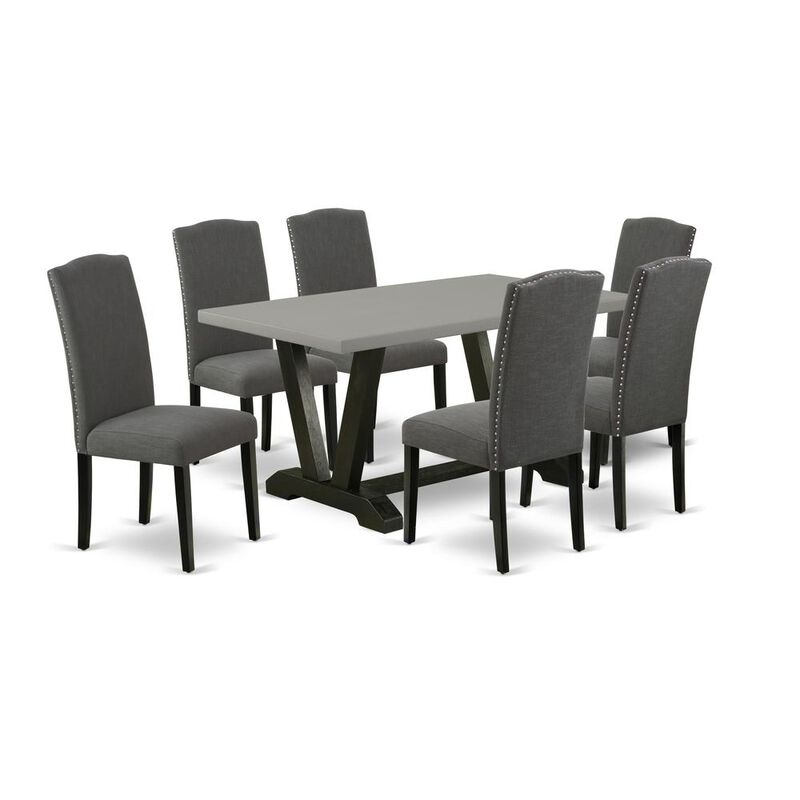 East West Furniture V696EN120-7 7-Pc Dining Room Set - 6 Dining Room Chairs and 1 Modern Rectangular Cement Dining Room Table with High Stylish Chair Back - Wire Brushed Black Finish
