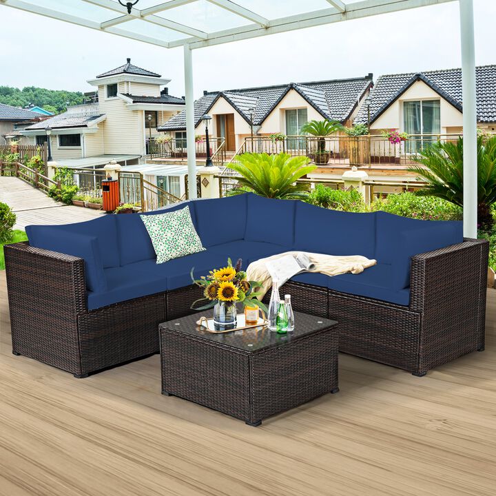 6 Pieces Patio Rattan Furniture Set Sectional Cushioned Sofa Deck