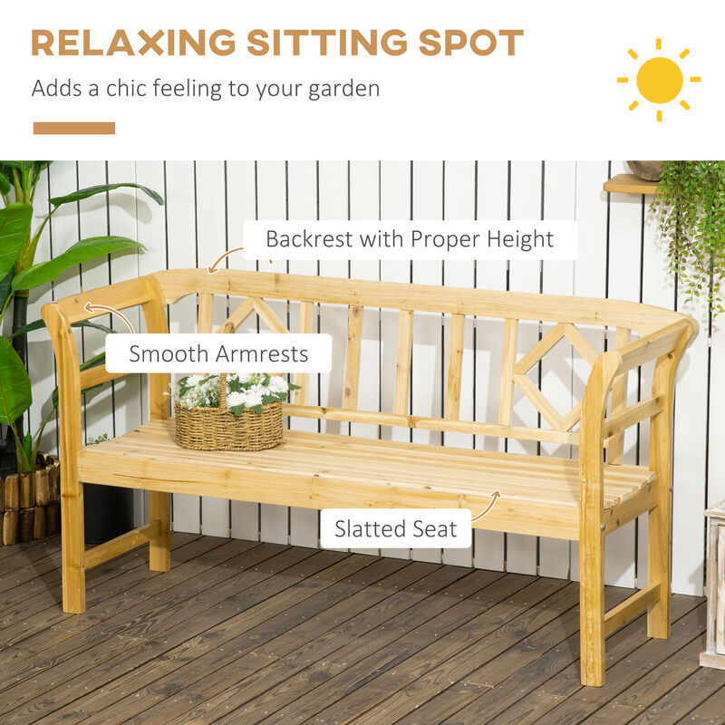 Outsunny Wooden Patio Bench, Outdoor Garden Bench with Backrest and Armrests, 3 Person Porch Bench with Rustic Country Diamond Pattern, Natural