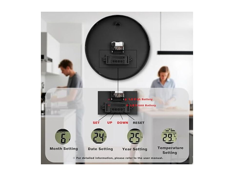 LCD Display Perpetual Calendar Temperature Wall Clock 12 Inch Silent Non Ticking