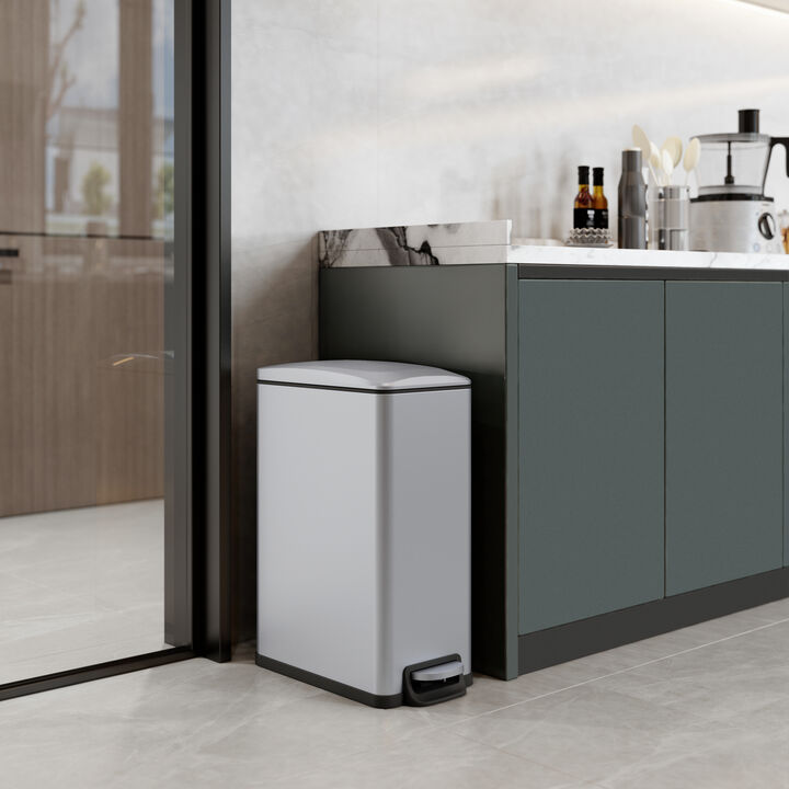11.9 Gal./ 45 Liter  Slim Stainless Steel Trash Can, Step-on kitchen Trash Can with Soft-Close Lid, Silver