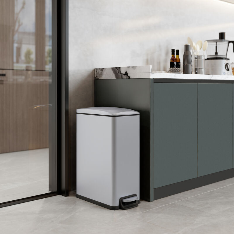 11.9 Gal./ 45 Liter  Slim Stainless Steel Trash Can, Step-on kitchen Trash Can with Soft-Close Lid, Silver image number 1