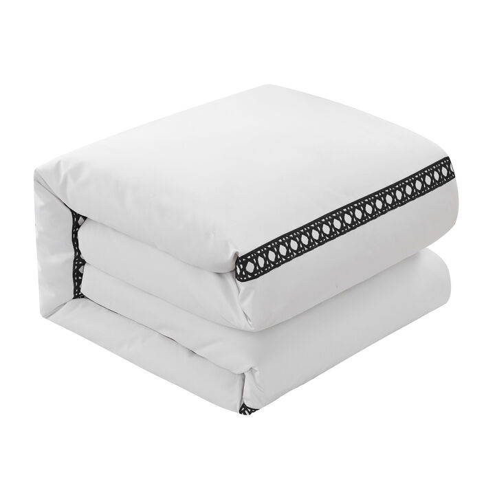 Chic Home Lewiston 3 Piece Cotton Blend Duvet Cover 1500 Thread Count Set Solid White With Embroidered Lattice Stitching Details Queen Black