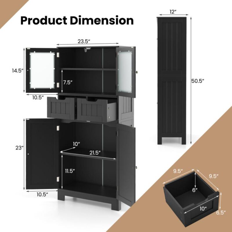 Hivvago 4 Door Freestanding Bathroom Floor Storage Cabinet with 2 Drawers and Glass Doors
