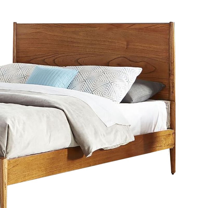 Amy Queen Size Platform Bed, Low Profile Frame, Panel Headboard, Brown - Benzara