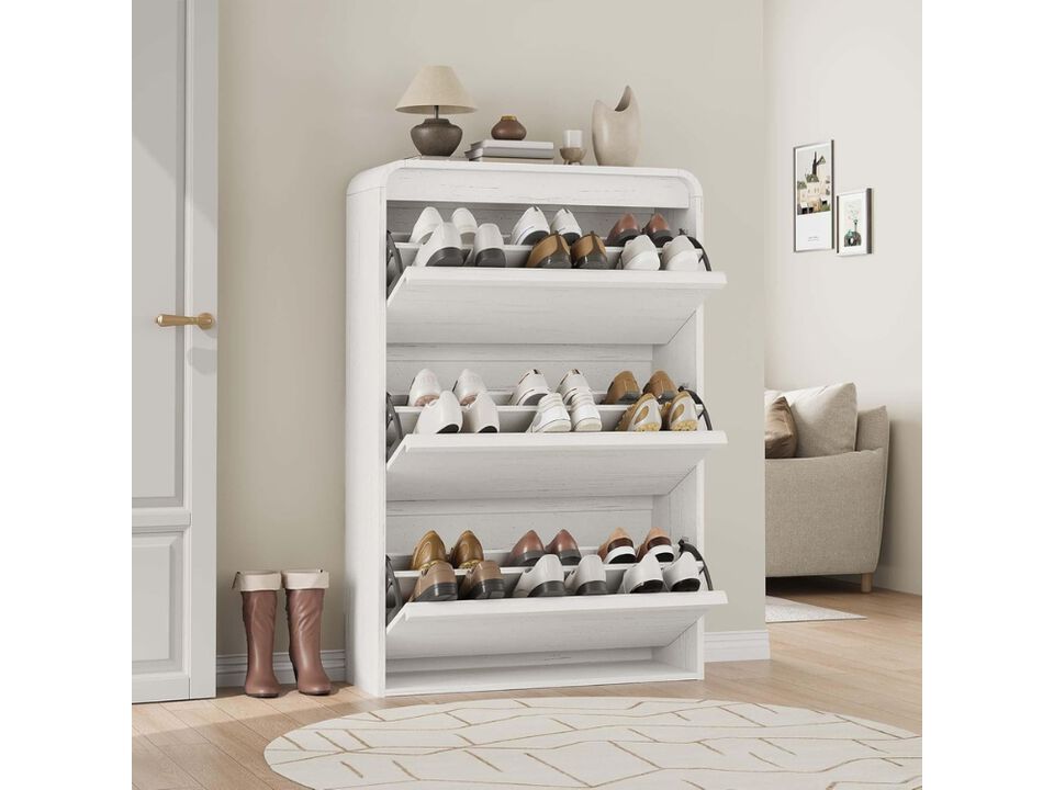 Entryway Wood Shoe Storage Cabinet Flip Drawer Adjustable Shelves White