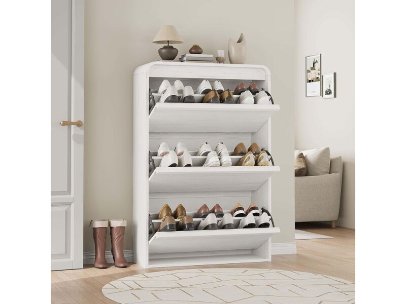 Entryway Wood Shoe Storage Cabinet Flip Drawer Adjustable Shelves White image number 1
