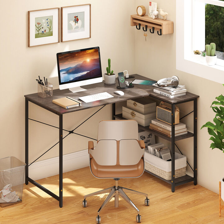 L-Shaped Reversible Corner Desk with Adjustable Storage Shelves for Home Office