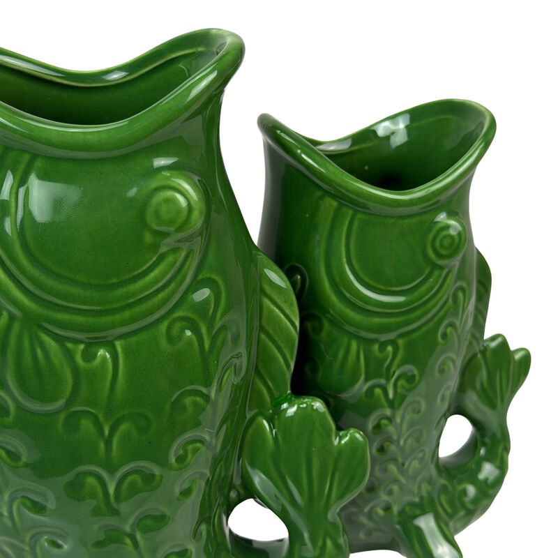 Set of 2 Green Glossy Porcelain Vases 8in Gurgling Fish Coastal Decor image number 4