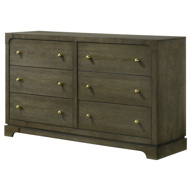 Seon Wide Dresser, 6 Drawers with Brass Knobs, Dark Cocoa Brown Wood - Benzara