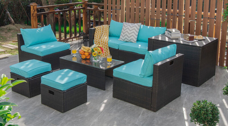 8-Piece Patio Rattan Furniture Set with Storage Box and Waterproof Cover, Outdoor Set