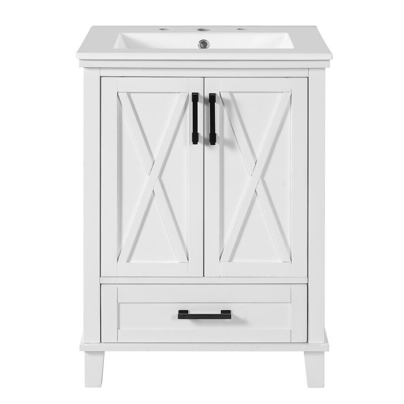 Whisen 24-inch Bathroom Vanity with Single Sink, Solid Wood Frame + MDF, 2 Soft-Close Doors, 1 Divided Drawer, Dual Storage Shelves