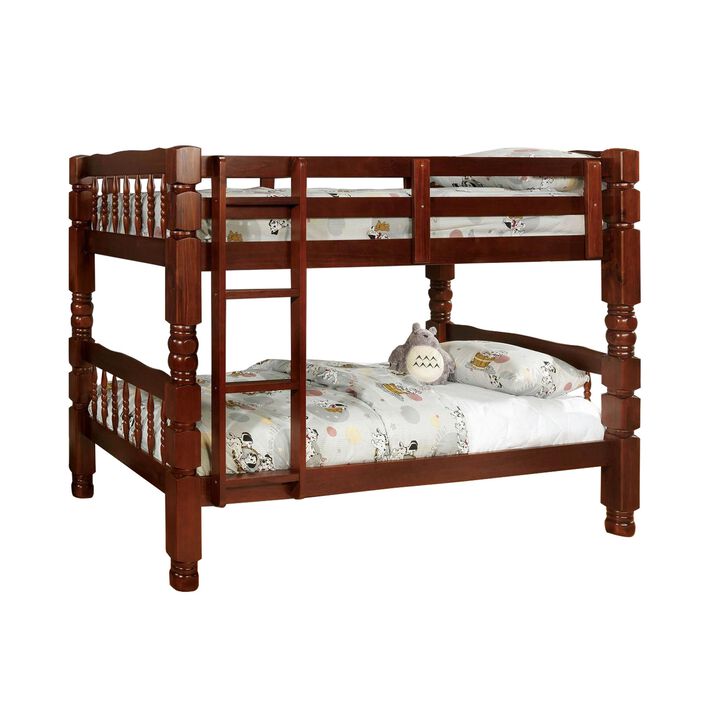 Wooden Twin over Twin Bunk Bed with Bobbin Motif Spindles, Brown-Benzara