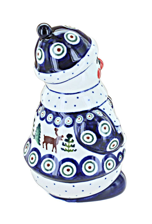 Blue Rose Polish Pottery Reindeer Pine Snowman Figurine
