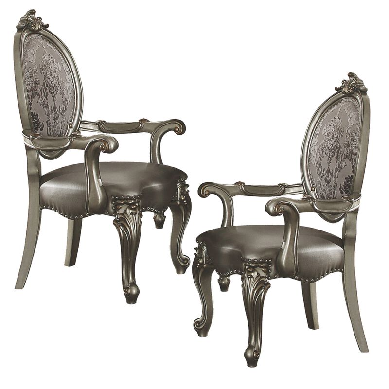 Wooden Arm Chairs with Fabric Upholstered Back and Leatherette Seat, Silver, Set of Two-Benzara image number 1