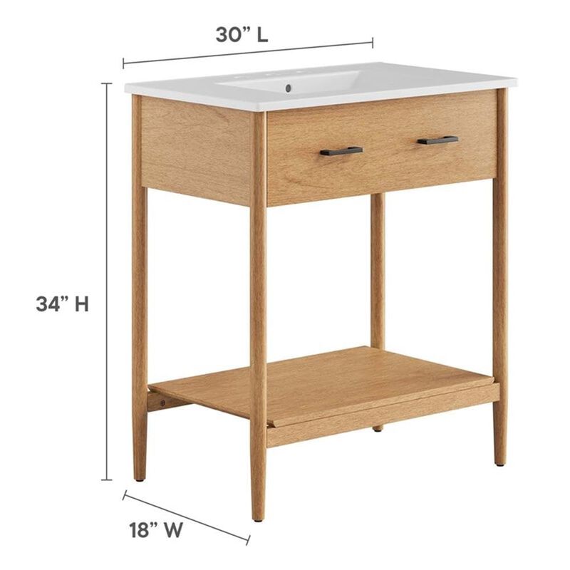Modway Zaire 30&rdquo; Mid-Century Bathroom Vanity Washstand in Natural White with Ceramic Sink Basin, 30 Inches image number 2